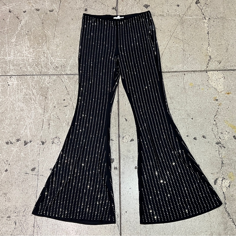 💚 2881. Black Flared Sheer Mesh Pants with Rhinestones